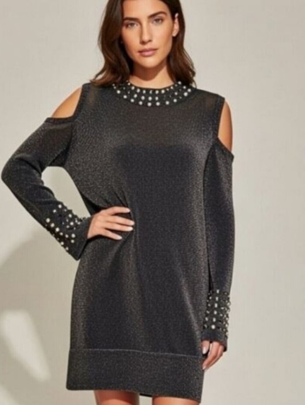 Wallis Black Gold Studded Cold Shoulder Mock Neck Tunic Mini Dress Size Medium